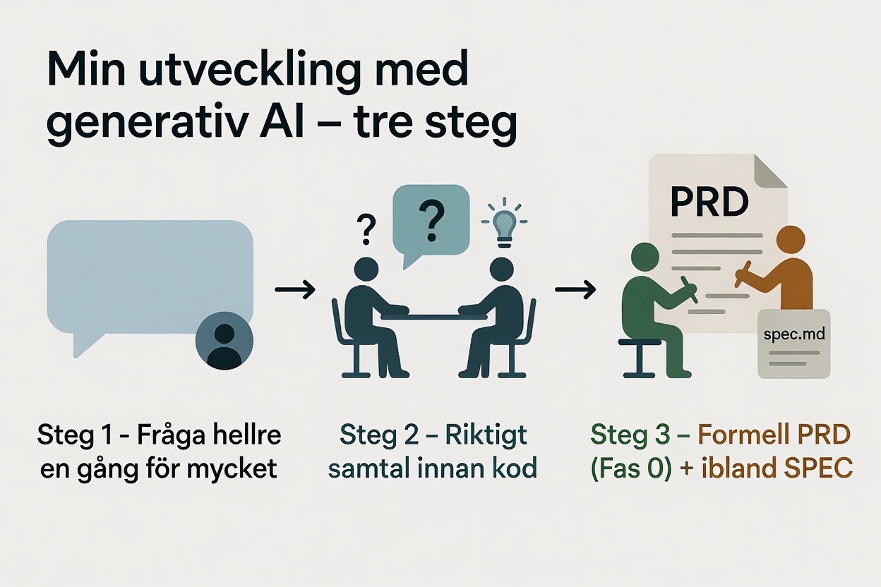 Tre steg: 1) Fråga hellre en gång för mycket, 2) Riktigt samtal innan kod, 3) Formell PRD (Fas 0) plus ibland SPEC