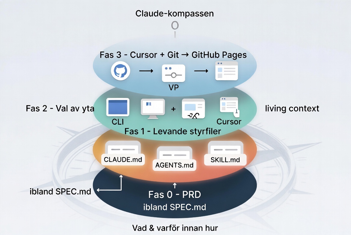 Claude-kompassen som ett lagrat diagram: Fas 0 (PRD, ibland SPEC.md) i kärnan, med Fas 1 (levande styrfiler), Fas 2 (val av yta) och Fas 3 (Cursor, Git, GitHub Pages) som lager utåt, och 'Claude-kompassen' märkt som kompassnålen överst