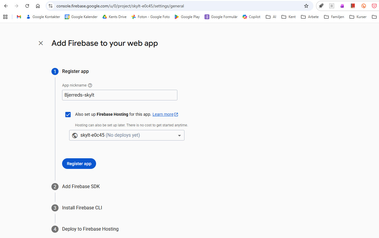 Add Firebase to your web app - Registrera webbapp