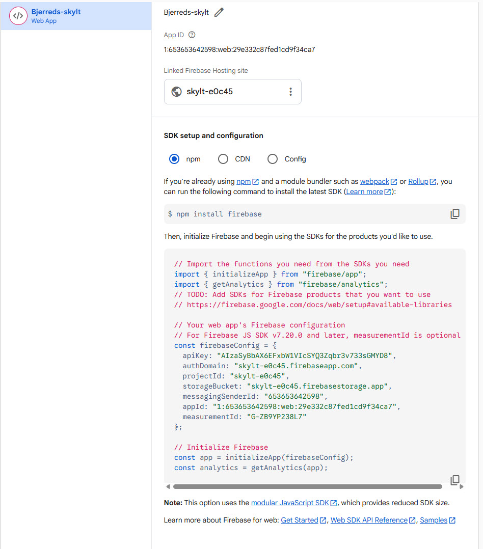Din registrerade webbapp i Firebase Console