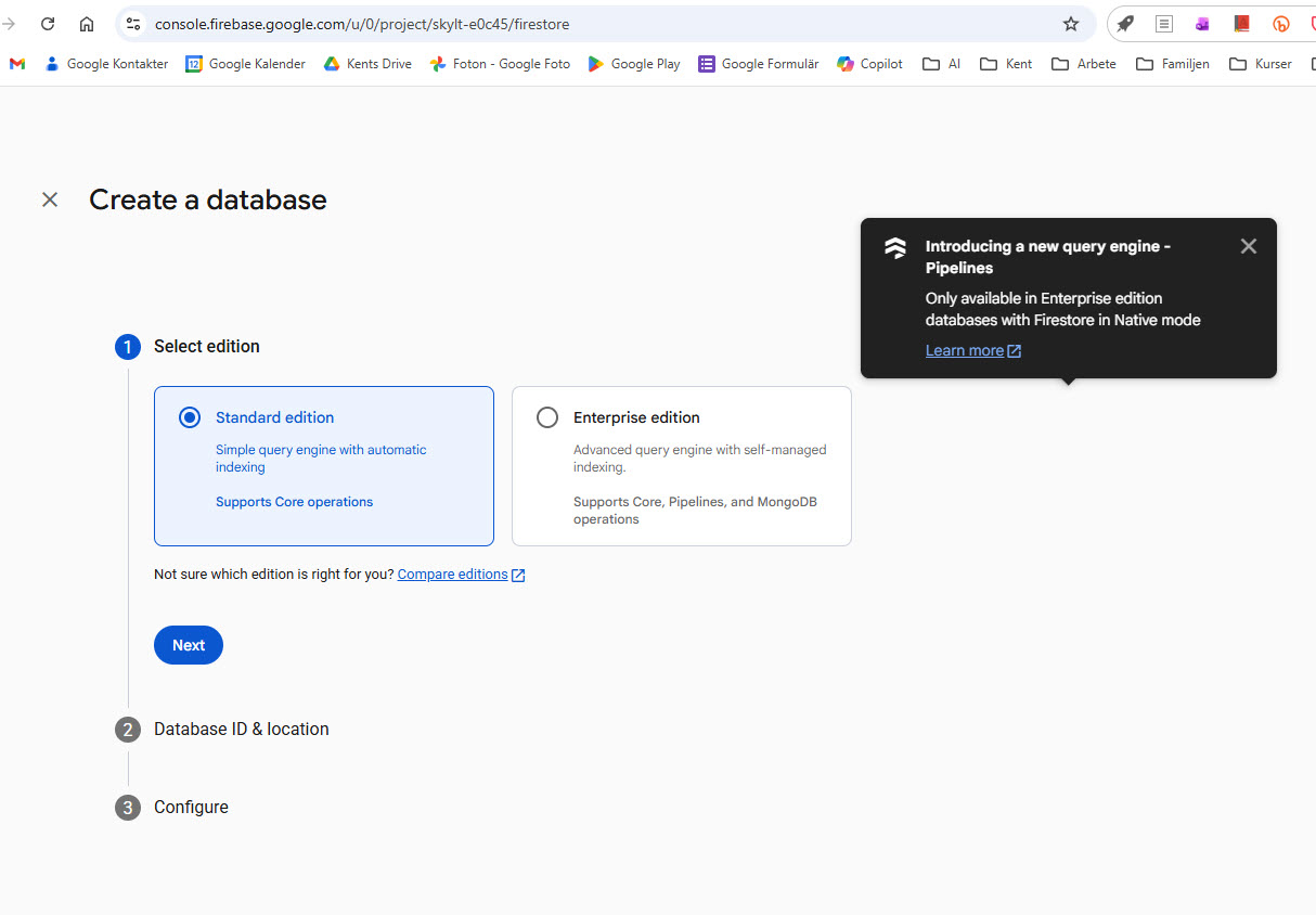 Create a database - Välj säkerhetsläge