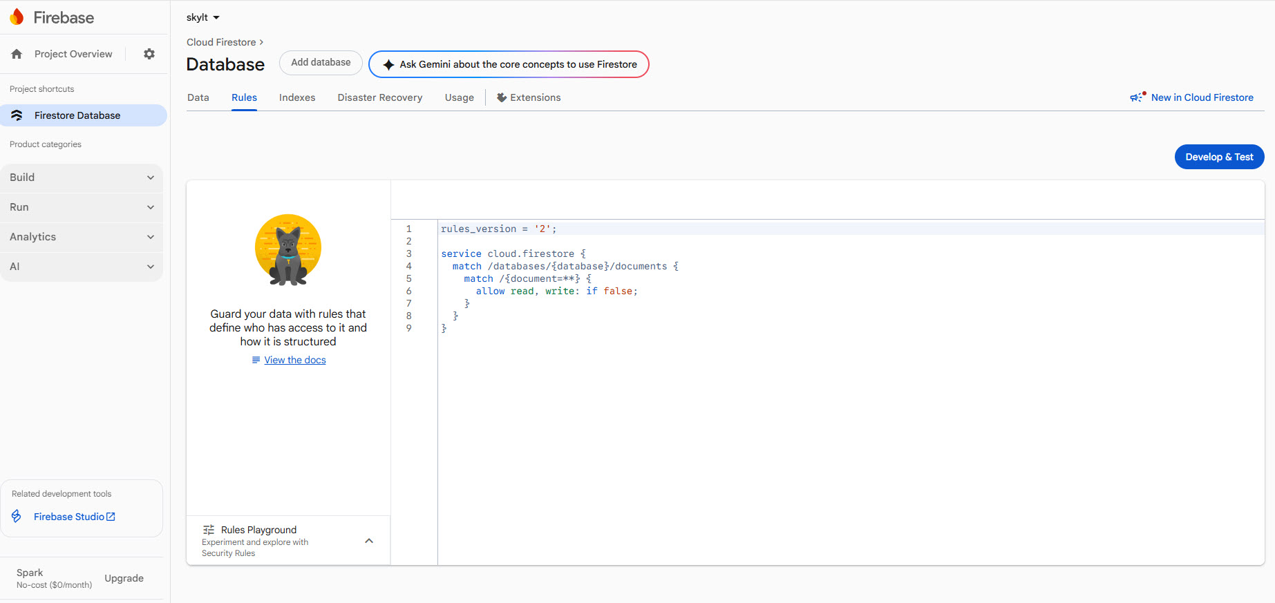 Firebase Security Rules-sidan