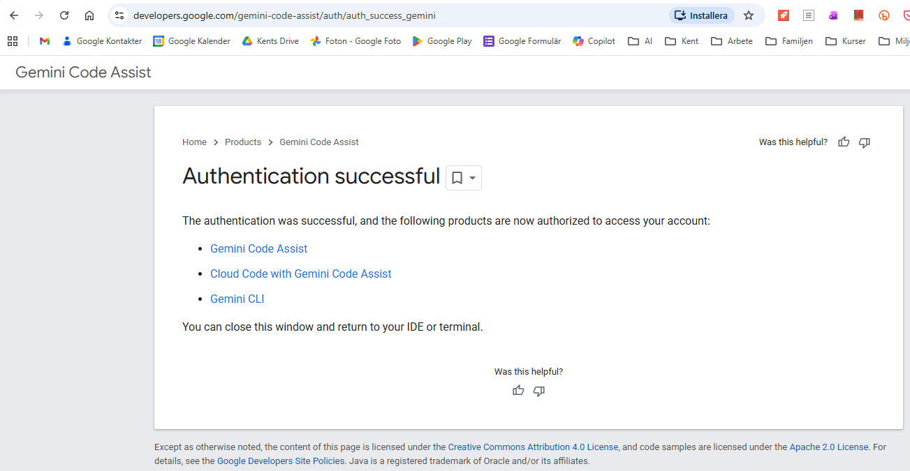Autentisering lyckad - Google Gemini