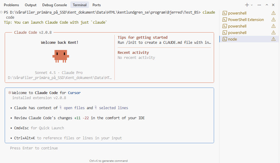 Claude Code fungerar direkt i Cursor terminal!
