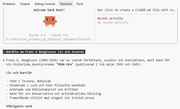 Claude Code i action - Svarar på fråga om Frans G Bengtsson