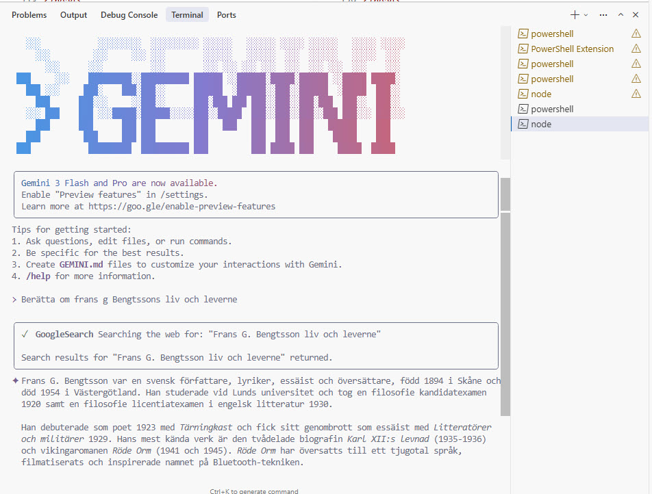 Gemini CLI via npm fungerar!