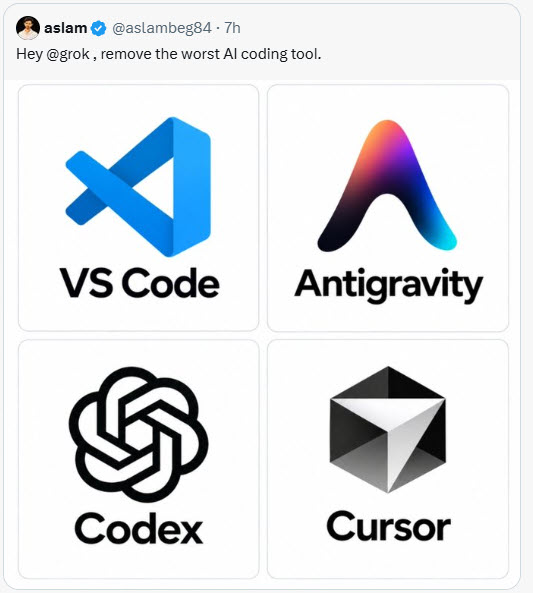 Inlägg av aslam med fyra rutor: VS Code, Antigravity, Codex och Cursor, och texten Hey grok, remove the worst AI coding tool.